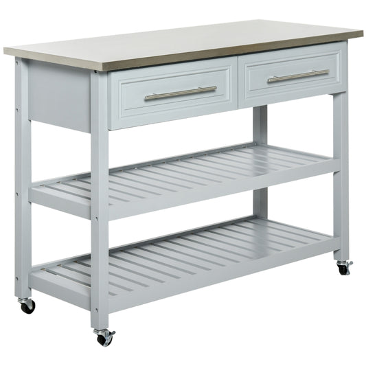 HOMCOM Kitchen Cart with Stainless Steel Top, Rolling Kitchen Island Cart with 4 Smooth Wheels, Grey