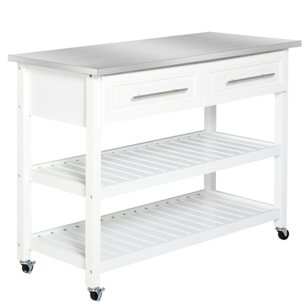 HOMCOM Kitchen Cart on Wheels with Stainless Steel Top, Rolling Kitchen Island Cart with Glass Door, White