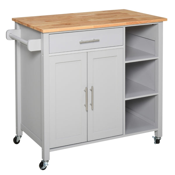 HOMCOM Rolling Kitchen Island Cart on 360Â° Swivel Wheels, Wooden Kitchen Cart with Side Towel Rail and Drawer for Kitchen and Dining Room, Grey