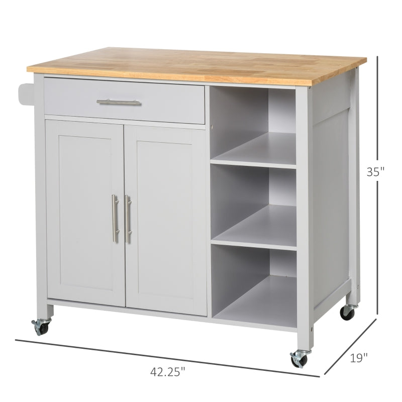 HOMCOM Rolling Kitchen Island Cart on 360Â° Swivel Wheels, Wooden Kitchen Cart with Side Towel Rail and Drawer for Kitchen and Dining Room, Grey
