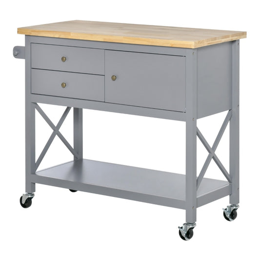 HOMCOM Kitchen Utility Cart Rolling Kitchen Island Serving Cart with Rubberwood Tabletop, 2 Drawers, Towel Rack and Open Shelf for Dining Room, Grey