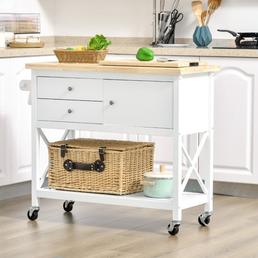 HOMCOM Kitchen Utility Cart Rolling Kitchen Island Serving Cart with Rubberwood Tabletop, 2 Drawers, Towel Rack and Open Shelf for Dining Room, White