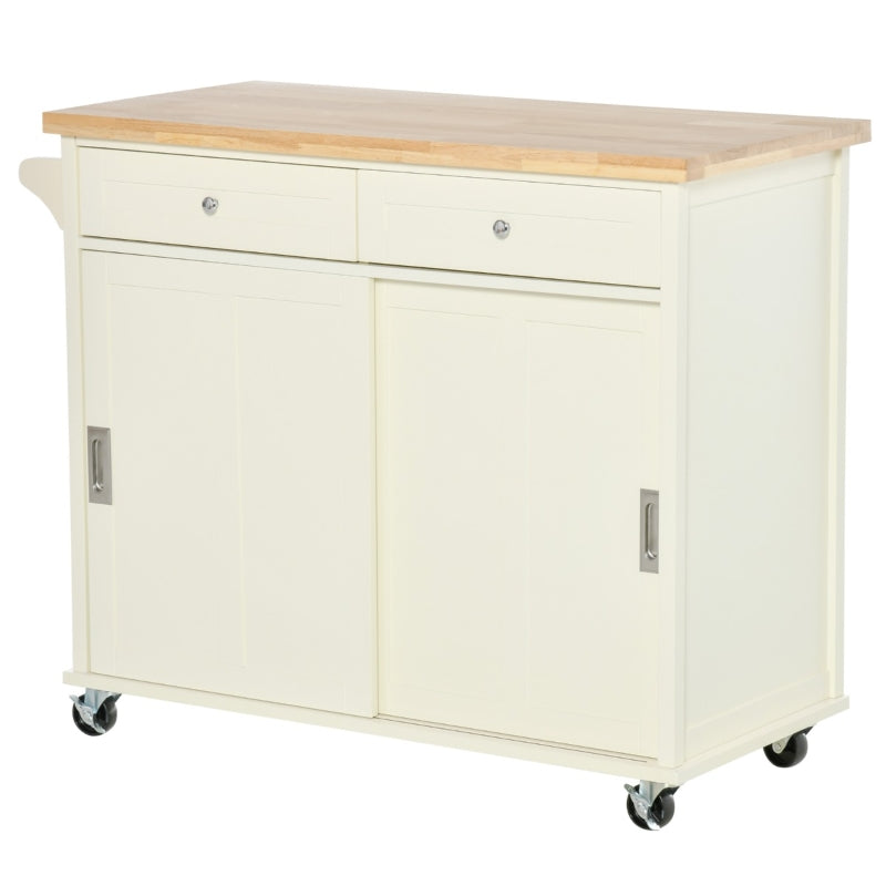 HOMCOM 43"" Rolling Kitchen Island, Kitchen Storage Cart on Wheels with Sliding Doors, Cabinet, 2 Drawers, and Towel Rack, Cream White