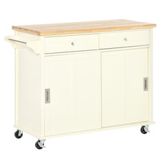 HOMCOM 43"" Rolling Kitchen Island, Kitchen Storage Cart on Wheels with Sliding Doors, Cabinet, 2 Drawers, and Towel Rack, Cream White