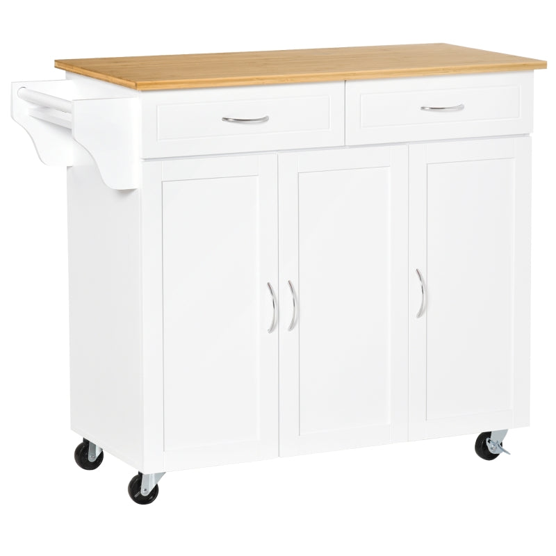 HOMCOM Rolling Kitchen Island Cart on Wheels with Large Bamboo Countertop, 2 Cabinets with Drawers, Adjustable Shelves, White