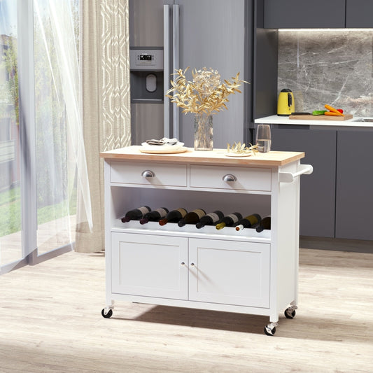 HOMCOM Rolling Kitchen Island Cart, Trolley Cart with Wine Rack, Rubberwood Top, Drawer and Hook, White