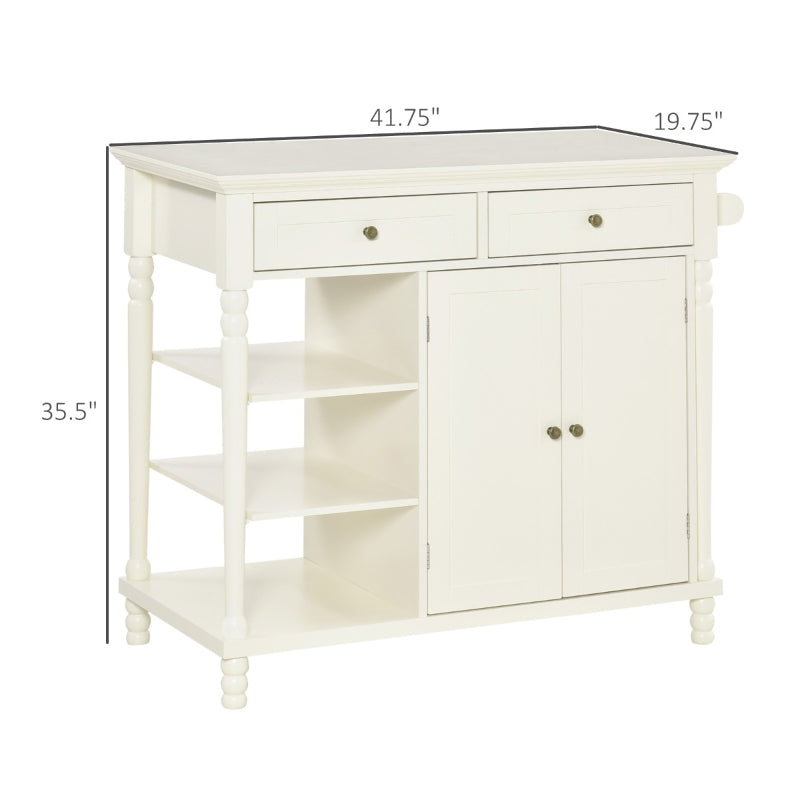 HOMCOM Kitchen Storage Island on Wheels, Rolling Kitchen Island Cart with 3-Tier Shelf, Cabinet with Adjustable Shelving and Towel Rack, White