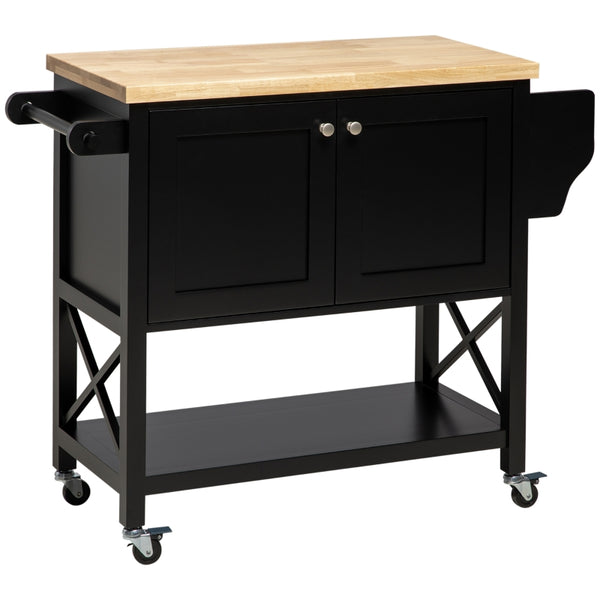 HOMCOM Rolling Kitchen Island Cart with Rubber Wood Top, Towel Rack, Spice Rack and Storage Cabinet, Black