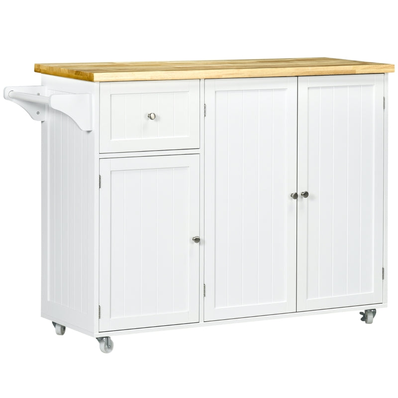 HOMCOM Rolling Kitchen Island on Wheels, Utility Serving Cart with Rubber Wood Top, Towel Rack, Storage Cabinet, Drawer, White