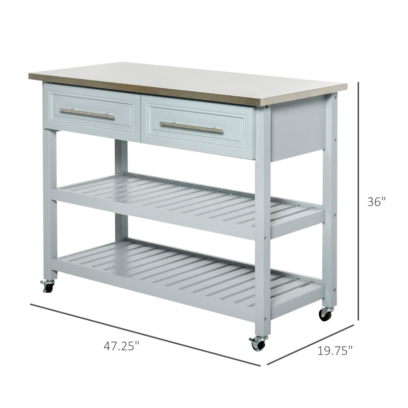 HOMCOM Kitchen Cart with Stainless Steel Top, Rolling Kitchen Island Cart with 4 Smooth Wheels, Grey