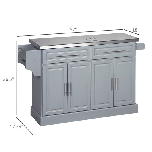 HOMCOM Rolling Kitchen Island with Storage, Portable Kitchen Cart with Stainless Steel Top, 2 Drawers, Spice, Knife and Towel Rack and Cabinets, Grey