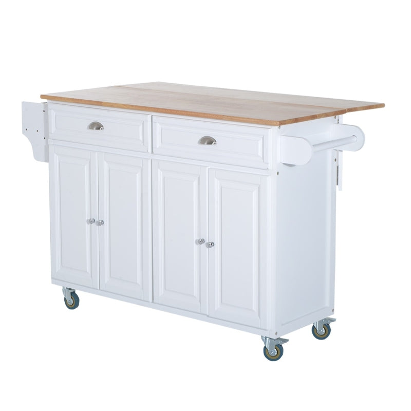 HOMCOM Rolling Kitchen Island on Wheels Ultility Cart with Drop-Leaf and Rubber Wood Countertop, Storage Drawer, Door Cabinet, White