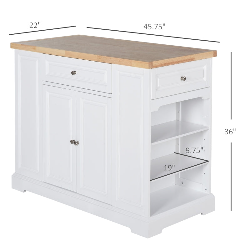 HOMCOM Kitchen Island with Drop Leaf Trolley Cart on Wheels Drawer Cabinet Towel Racks Versatile Use Natural Wood Top and White