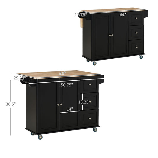 HOMCOM Rolling Kitchen Island Cart, Mobile Kitchen Island Storage Trolley Cart with Drop Leaf, TowelRack, 3 Drawers and 2-Door Cabinet, Black