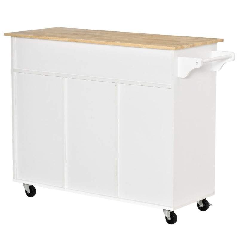 HOMCOM 48" Modern Kitchen Island Cart on Wheels with Storage Drawers, Rolling Utility Cart with Adjustable Shelves, Cabinets and Towel Rack, White