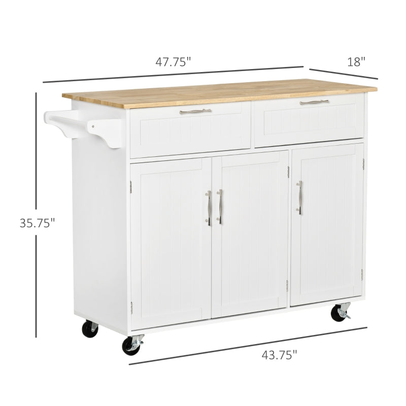 HOMCOM 48" Modern Kitchen Island Cart on Wheels with Storage Drawers, Rolling Utility Cart with Adjustable Shelves, Cabinets and Towel Rack, White