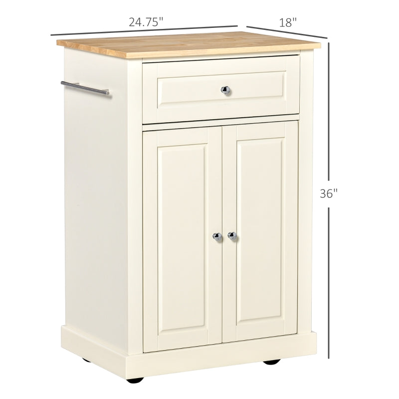 HOMCOM Rolling Kitchen Island Cart, Portable Serving Trolley Table with Drawer, Adjustable Shelf and 2 Towel Racks, Cream White