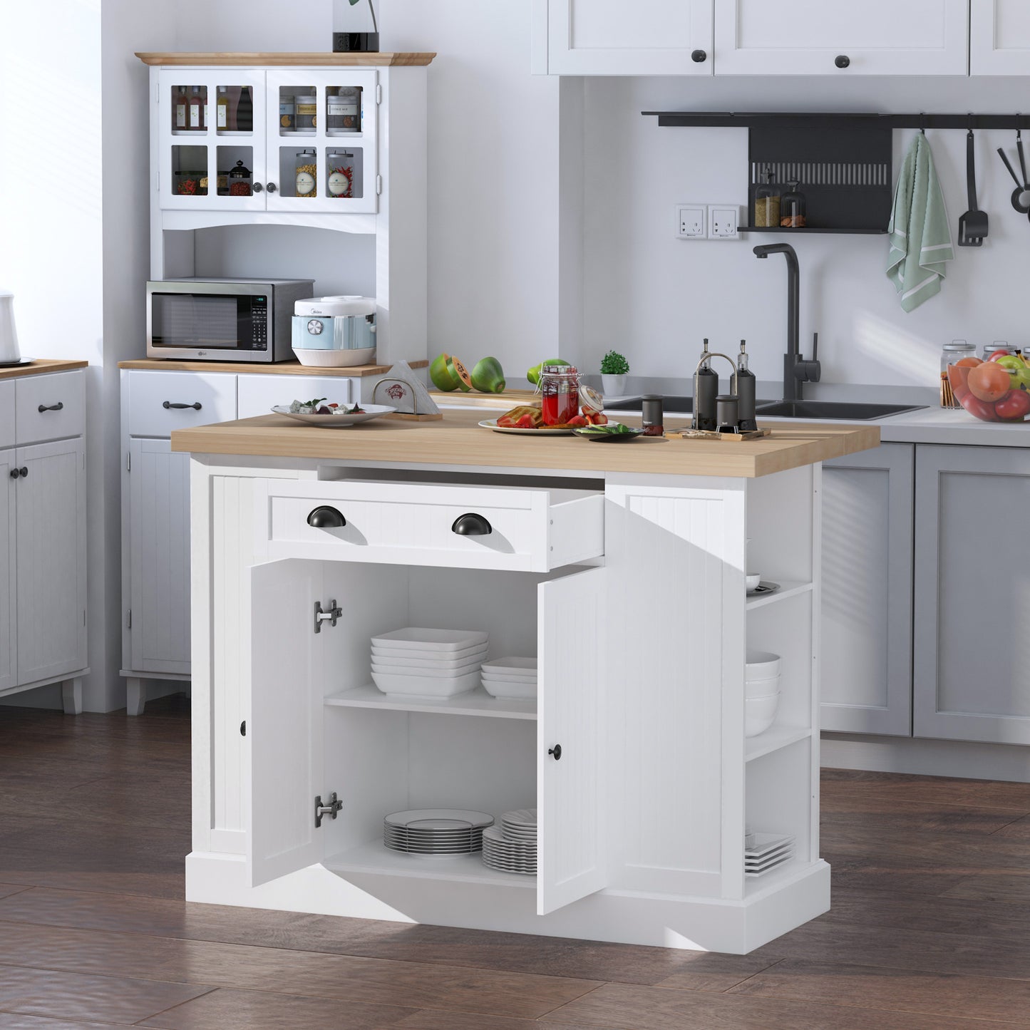 HOMCOM Freestanding Kitchen Island Cabinet, Wooden Kitchen Island Table with Drop Leaf, Fluted-Style Storage Cabinet with Adjustable Shelves, White