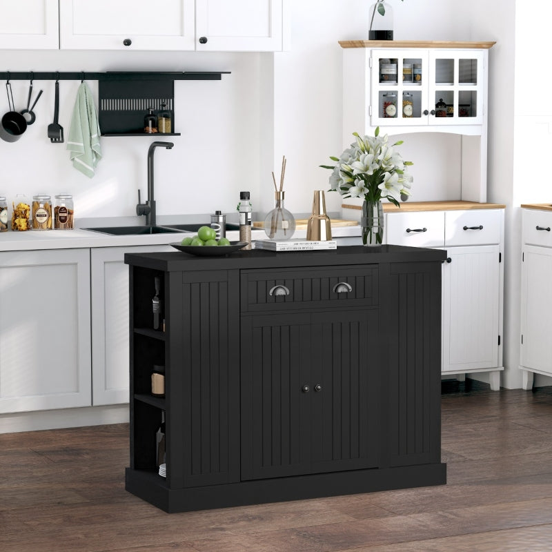 HOMCOM Fluted-Style Kitchen Island, Wooden Storage Cabinet, Rolling Kitchen Island Cart with Draw, Adjustable Shelves and Anti-Toppling Design, Black