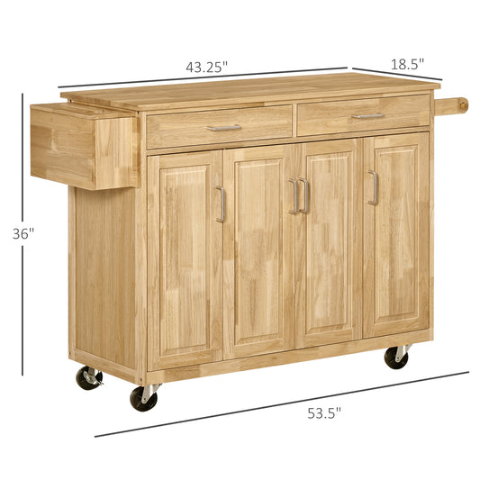 HOMCOM Wooden Rolling Kitchen Island Utility Storage Cart on Wheels with Drawers, Door Cabinets, and Knife Block for Dining Room